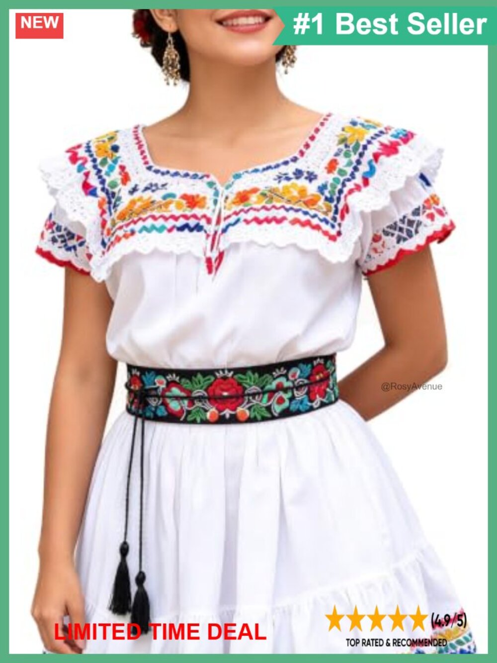 Mexican Embroidered Tassel Belt Adjustable Tie Closure Polyester